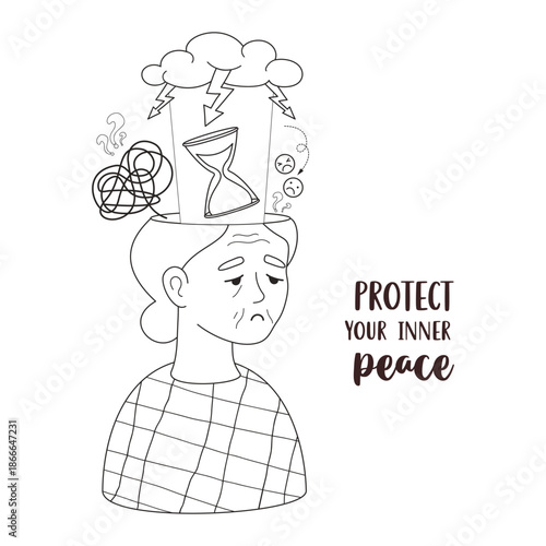 Mental Health and Senior Depression. Outline Unhappy Elderly Woman with Tangled Thoughts, Confusion, Hourglass, Sad Emoji and Storm Cloud. Coloring Page with Quote. Vector Illustration. Not AI