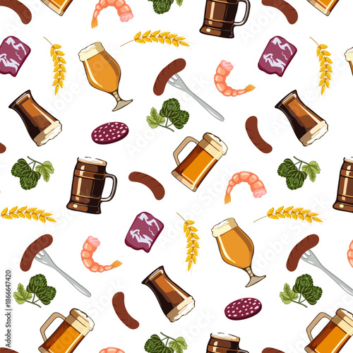 Beer mugs and delicious snacks.Vector seamless pattern with different beer mugs, sausages and shrimp on a white  background.
