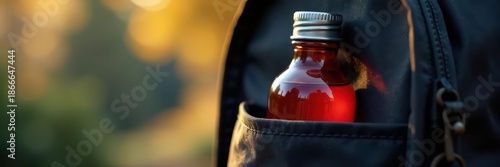 Wallpaper Mural Sleek bottle nestled in backpack's side pouch, drinkware, travel, blue Torontodigital.ca