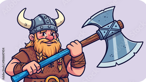 Cartoon Viking Warrior Holding a Large Axe Illustration.