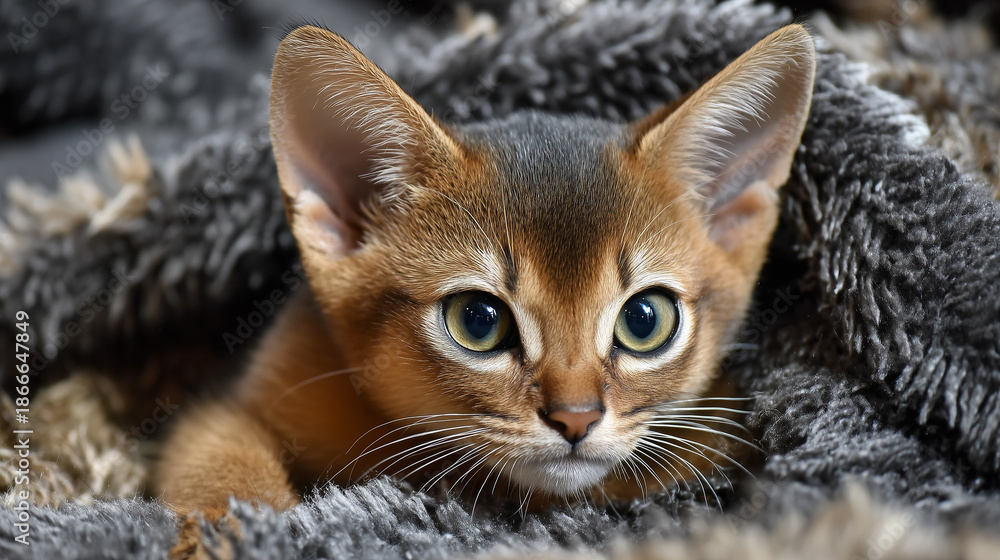 Fototapeta premium Curious Abyssinian kitten peeking from cozy blanket
