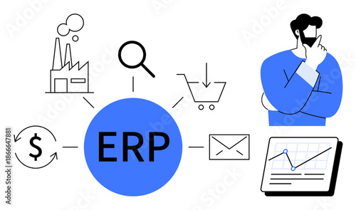 ERP at center surrounded by icons for factory, search, shopping, payment, email, and analytics. Professional thinking on right. Ideal for business, strategy efficiency workflow planning