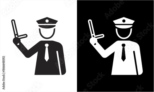 Security Guard Icon with Metal Detector in Black and White.