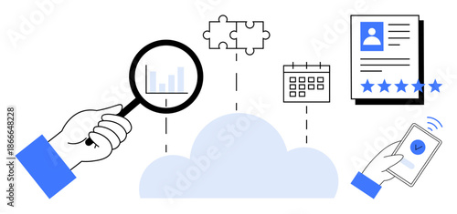 Visual elements include a cloud, magnifying glass examining data, puzzle piece, calendar, profile evaluation document, and phone with security check. Ideal for technology, data analysis, task