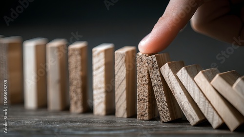 A close-up shot of a finger pushing a wooden block, triggering a domino effect on a dark surface, symbolizing risk, danger, and chaos in business and finance.