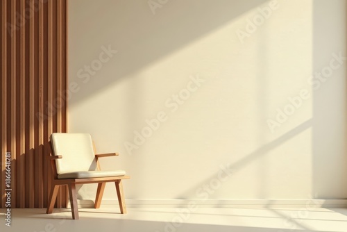 Wallpaper Mural Soft beige walls, wooden chair, wood panel accent wall, serene space, warm, texture, natural Torontodigital.ca