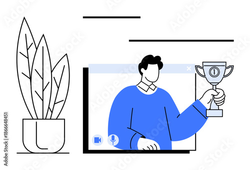Person on a video call holding a trophy, symbolizing achievement and remote success, next to a plant. Ideal for remote work, online events, virtual awards, digital interaction, motivation, success