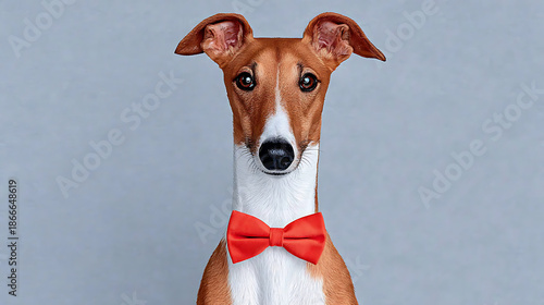 Greyhound dog wearing a red bow tie looking directly at the camera, portraying elegance, loyalty, pet fashion, and companionship in a studio setting with a clean background