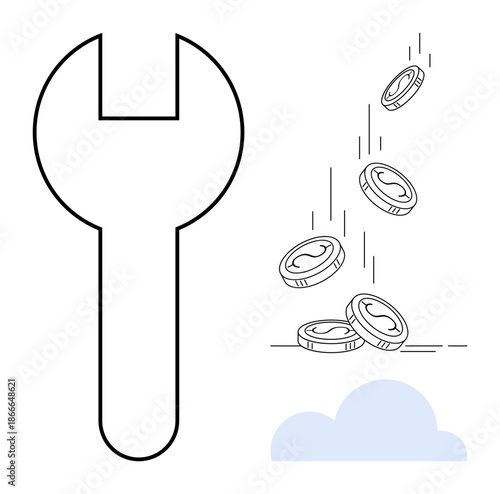 Financial management, economic repair, budgeting, income flow, wealth maintenance, cost saving. Large wrench next to falling coins above a cloud. Financial management and economic repair concept