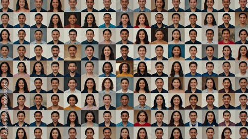 Zoom out from a smiling woman to a massive diverse people grid mosaic, illustrating global community and inclusion concepts.