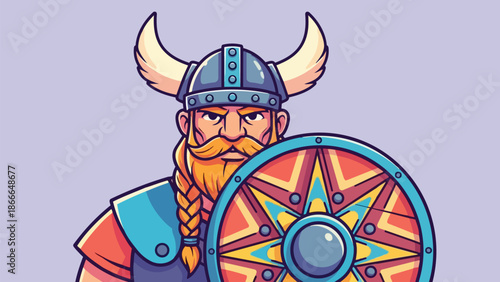 Cartoon Viking Warrior with Horned Helmet and Shield.