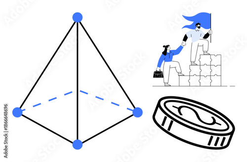 Leadership, teamwork, financial growth, strategy, investment, business planning. A geometric pyramid, people working together and a coin symbol. Leadership and teamwork concept