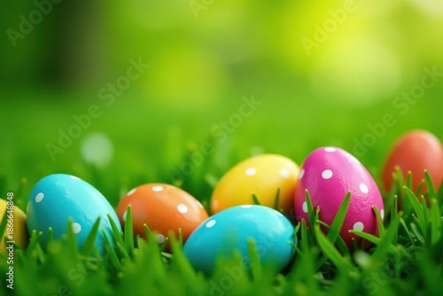 Wallpaper Mural Speckled and solid Easter eggs scattered on lush green grass, religious, joy Torontodigital.ca