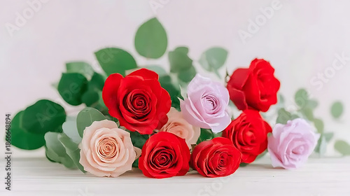 Roses bouquet with red, pink and light pink blooms arranged on a rustic white wooden surface, bringing passion, love, beauty, celebration, and romance concepts