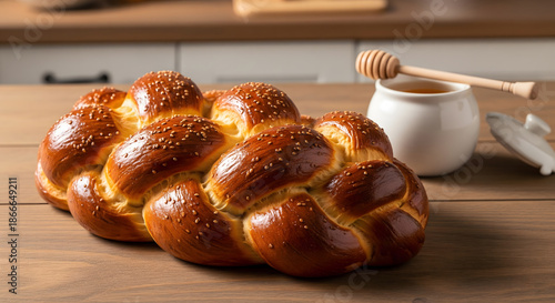 A golden-brown braided challah bread topped with sesame seeds sits on a wooden table next to a white honey jar with a wooden dipper. Generative AI