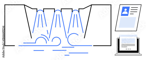 Data flow concept. Visual of data waterfalls with document display and digital workflows management. Data is key for analytics, processing, and communication applications