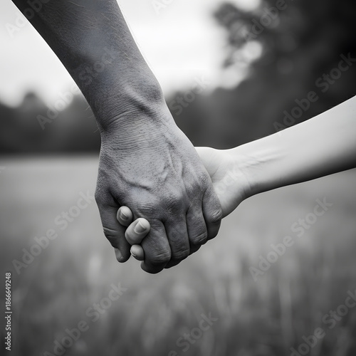 A black and white close-up shows an adult man and a young child holding hands while standing in a grassy field with a blurred background. Generative AI