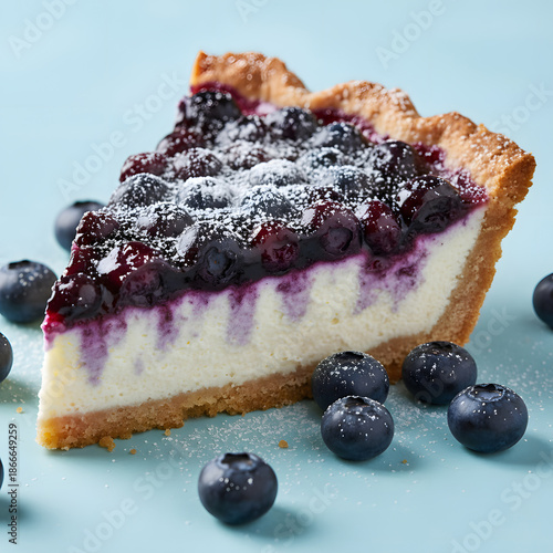 A triangular slice of blueberry cheesecake topped with fresh berries and powdered sugar rests on a light blue surface with scattered fruit. Generative AI