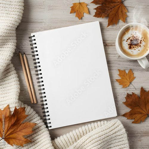 A blank spiral notebook rests on a light wooden table surrounded by autumn leaves, two pencils, a cozy knit sweater, and a cup of coffee. Generative AI