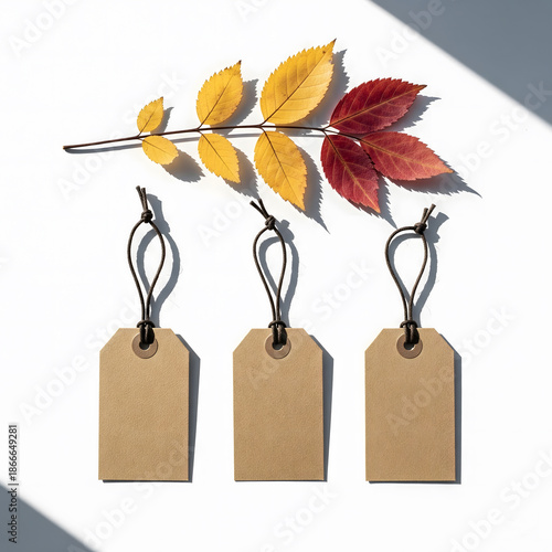 Three blank brown cardboard tags with dark string loops are arranged horizontally under a branch of yellow and red autumn leaves on white. Generative AI