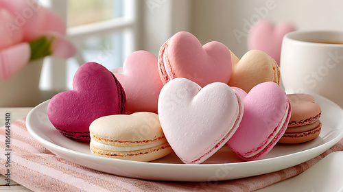 Heart shaped French macarons in pastel pink, purple, and cream colors creating a sweet romantic dessert, perfect for celebrating love and special occasions