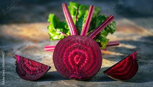 A close-up view of a fresh sliced beetroot with vibrant green leafy tops attached. Ai