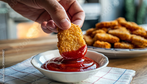 A close-up of a hand holding a crispy, golden-brown chicken nugget being dipped into ketchup. Ai