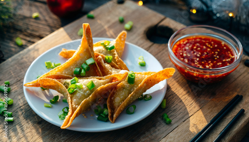 A plate of golden-brown, crispy triangular wontons garnished with chopped green onions. Ai