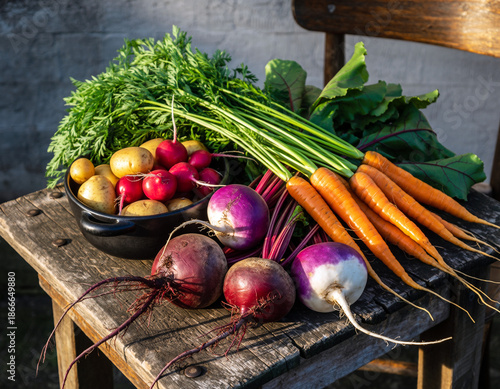 A rustic still life arrangement of root vegetables on a weathered wooden table. Ai