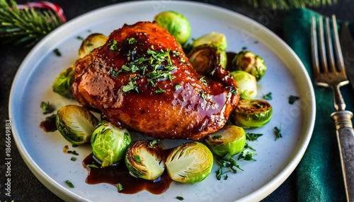 A plated dish of roasted chicken thighs, glazed with a barbecue sauce and garnished with Brussel sprouts. Ai