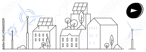 Renewable energy, sustainability, clean technology, eco-friendly architecture, green living, urban development. Cityscape with solar panels, wind turbines and trees. Renewable energy