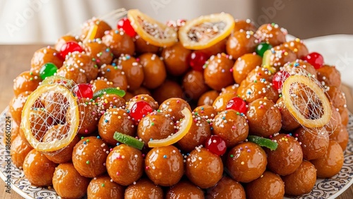 Golden honey-glazed Italian struffoli dessert garnished with citrus and sprinkles