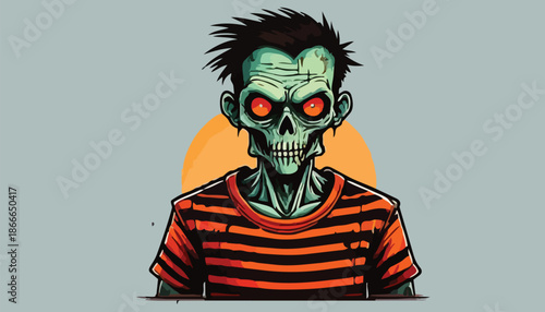 Cartoon Zombie Character with Red Eyes and Striped Shirt.