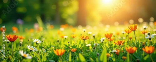 Wallpaper Mural Sunlit meadow ablaze with wildflowers, lush green grass, green, sunlight Torontodigital.ca