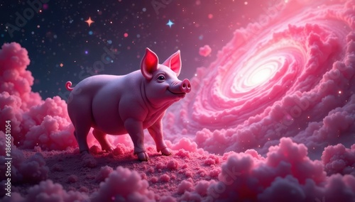 Wallpaper Mural Swirling pink nebula, star-shaped pigs float amidst cosmic dust, pink, surreal Torontodigital.ca