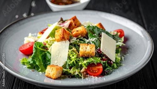 Delicious caesar salad with croutons, parmesan cheese, and cherry tomatoes on a plate