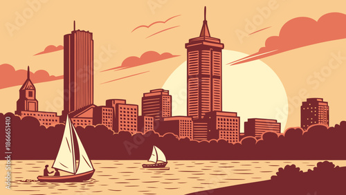 Boston skyline silhouette backdrop sailboats gliding on water vibrant sunset. Excellent for travel, tourism, urban landscapes, scenic views, cityscapes.