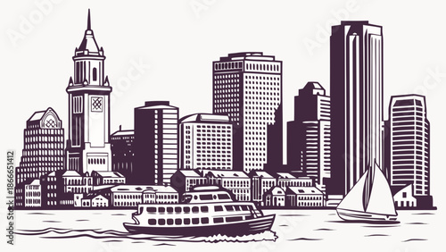 Boston skyline and harbor view with boats ideal for travel blogs, brochures, or citythemed designs needing a scenic waterfront background.