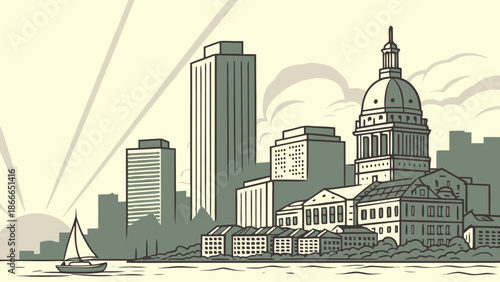 Boston skyline and sailboat in harbor suitable for travel brochures, city guides, maritime websites, or promotional materials like posters and postcards.