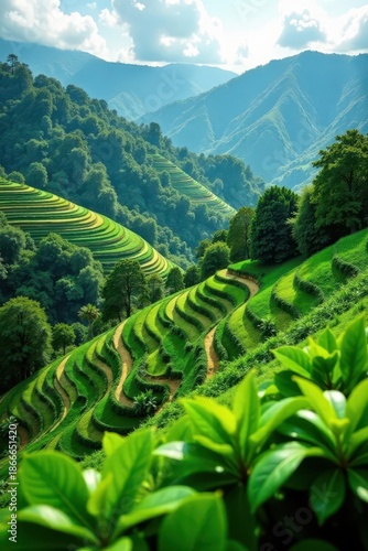 Wallpaper Mural Terraced coffee farm with vibrant green plants , hills, slopes, landscape Torontodigital.ca