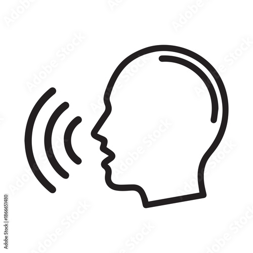 Voice command icon with human head profile and sound waves.