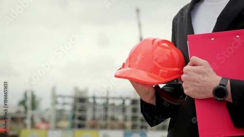 Concept of builder, work at construction site