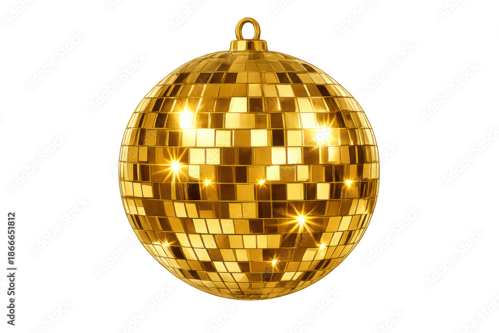 Fototapeta premium Golden disco ball reflecting light, creating a festive atmosphere for parties, holidays, and events, transparent background