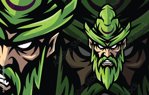 Aggressive Green Bearded Forest Warrior or Elf Mascot Head Illustration with Intense Gaze and Leafy Hood.