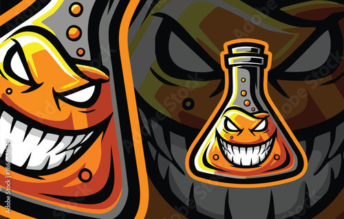 Crazy smiling chemistry beaker or laboratory flask mascot illustration with evil, sharp teeth, perfect for toxic or mad scientist themes.