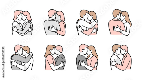 A collection of diverse illustration showing intimate embrace between couples.