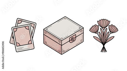 Vintage style illustration of playing cards, a jewelry box, and a flower bouquet.