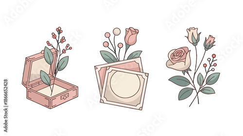 Elegant illustrations featuring a jewelry box, greeting cards and roses.