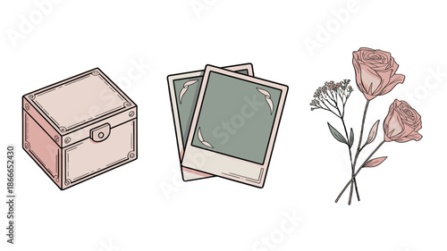 Elegant arrangement of a vintage box, polaroid photos, and delicate flowers.