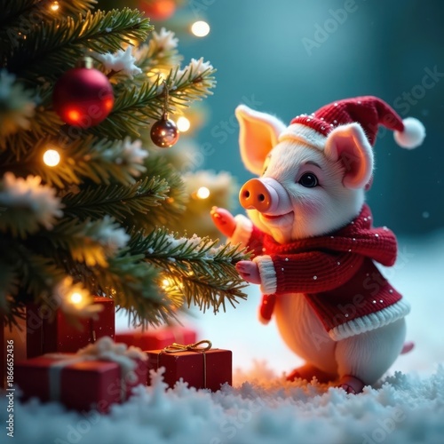 Wallpaper Mural Tiny pig decorating festive tree in winter wonderland , small, cute Torontodigital.ca